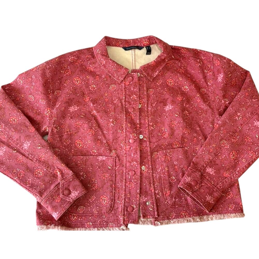 Isaac Mizrahi Live Pink Floral Denim Jacket Snap Front Medium
